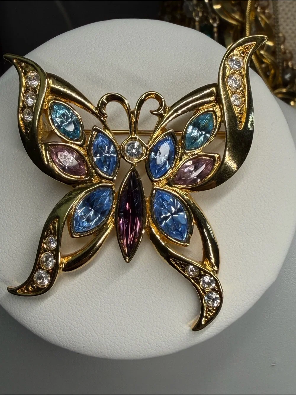 Gold-Tone Multicolor Butterfly Brooch - Blue Pink Accents